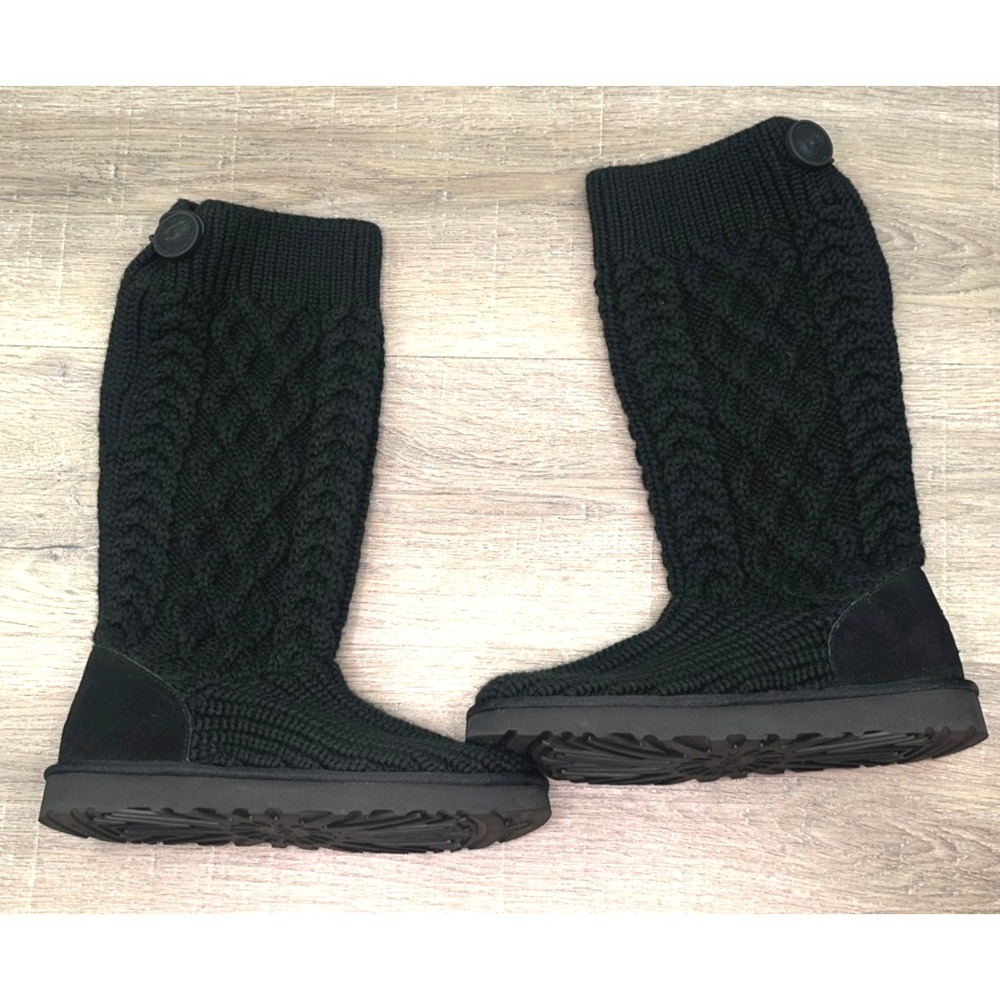 UGG Lattice Cardy Boots 8 Black Womens Knit Suede Winter Tall Comfort Warm Cozy